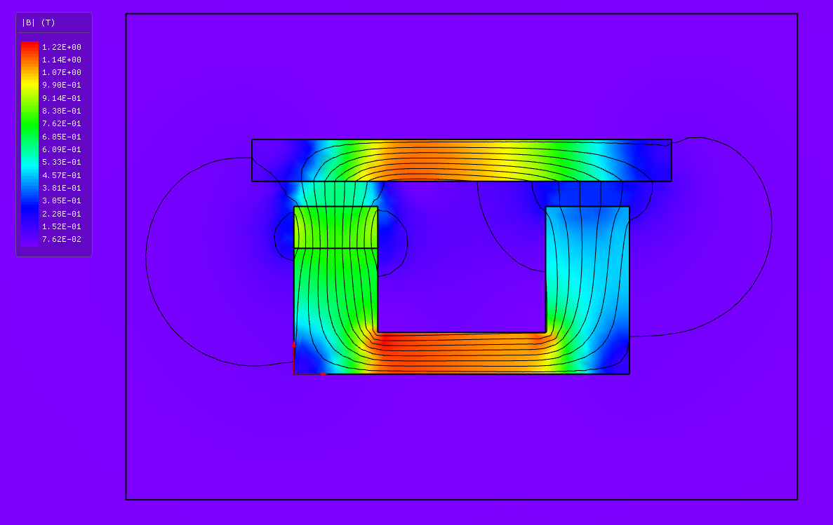 Permanent-magnet latch: flux density with flux lines at the closed gap